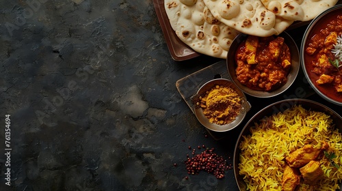 A rustic wooden board on a slate surface Illustrating Indian Cuisine, chicken curry,  white rice, Naan bread, spices with copy space for text photo