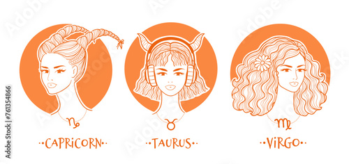 Earth zodiac signs girls collection. Vector illustration of beautiful women. Taurus, Virgo and Capricorn horoscope set..