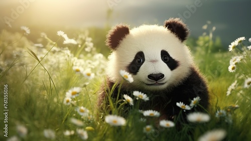 3d illustration of cute panda in the grass photo