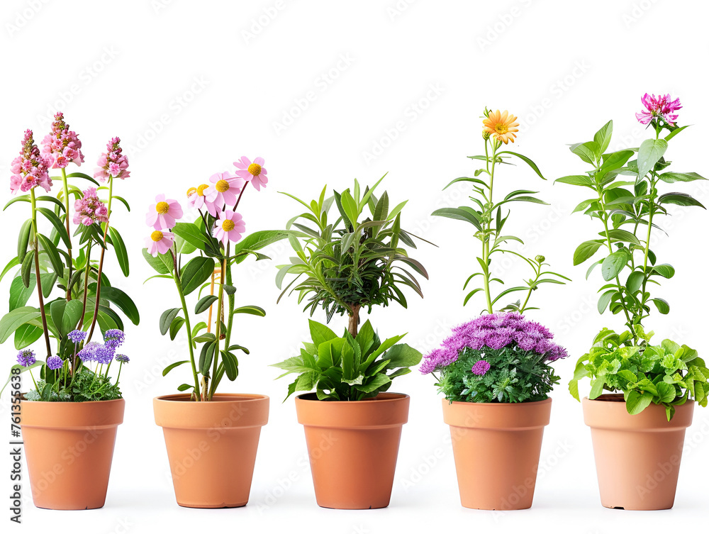 Lots of flower pots with different plants on white, collection. Spring and summer concept, flower decoration and gardening.
