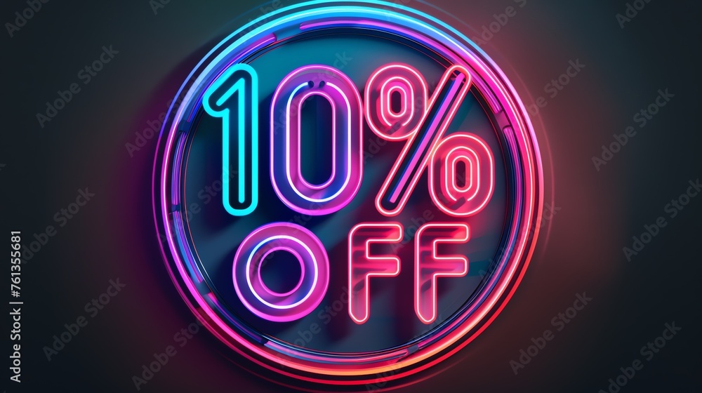 A neon sign with a black background illustrating 10% OFF with circle round A neon sign with a black background illustrating 10% OFF with circle round