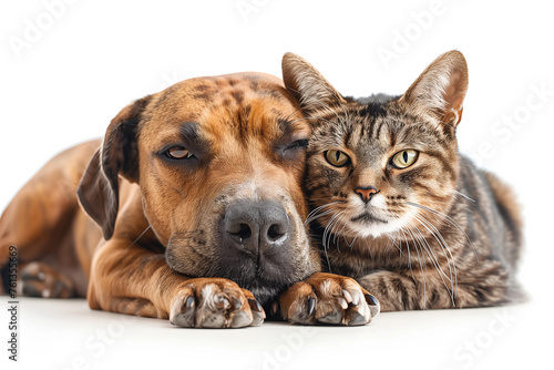 Portrait of hungry dog and cat licking his face isolated on white 