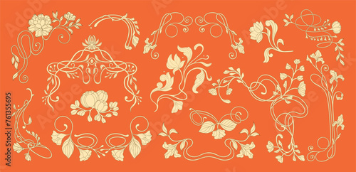 Art Nouveau floral frames, corners, and borders. Vector.