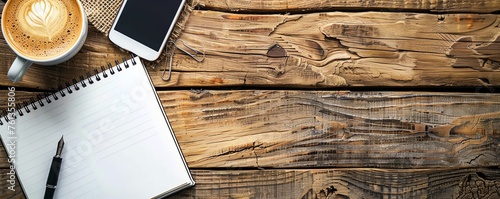 A vector banner with a barista coffee mobile phone, notebook and pen on a rustic wooden background. Copy space for text photo