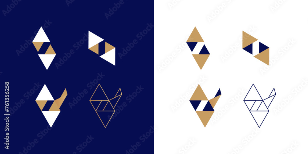 Arrow, triangle, 3D negative space, blue and beige symbols for movement, letters A and W Arrow, triangle, 3D negative space, blue and beige symbols for movement, letters A and W