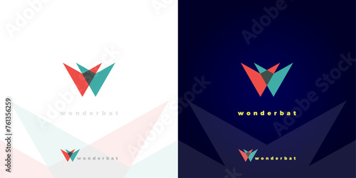 W letter mark in shape of a bat with red, yellow and turquoise colors on a dark blue background