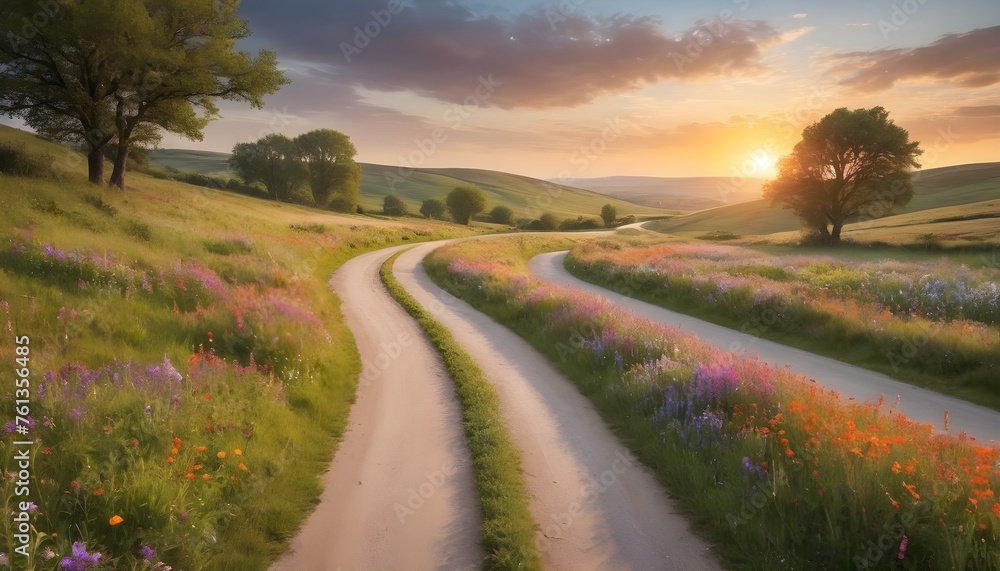 A peaceful countryside scene with a winding road lined with vibrant wildflowers, leading towards a distant sunset.