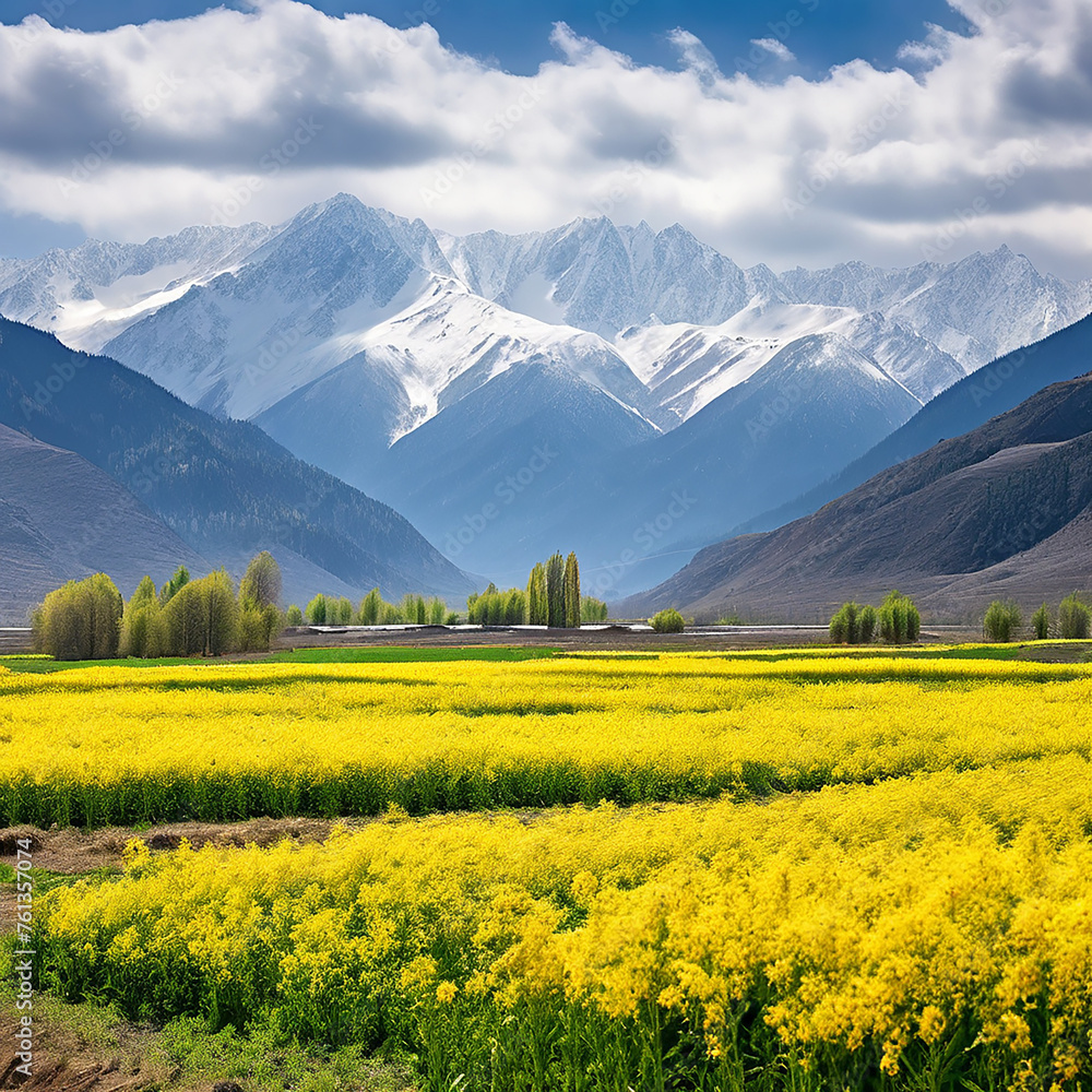 Golden Canopy: Majestic Mustard Fields with Snow-Covered Mountains 