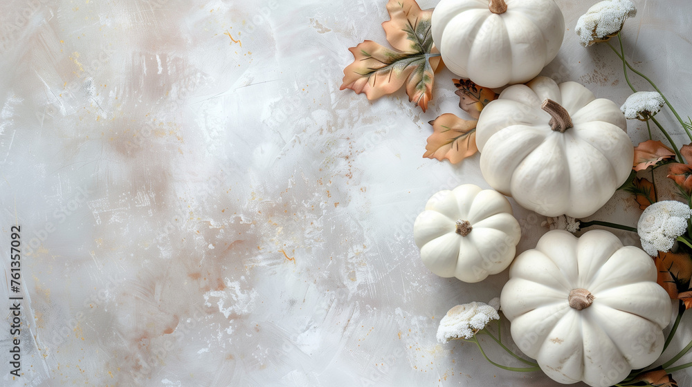 White pumpkin with gold leaf. Pumpkin Halloween banner - top view isolated on pale white background. Flat lay Thanksgiving food banner with copy space. White pumpkin with gold leaf. Pumpkin Halloween banner - top view isolated on pale white background. Flat lay Thanksgiving food banner with copy space.