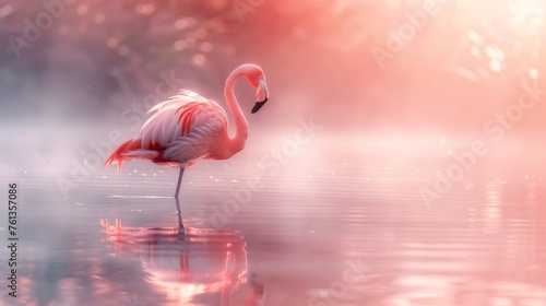 Elegant flamingo standing  in serene waters with a soft pink hue,  environment beauty
