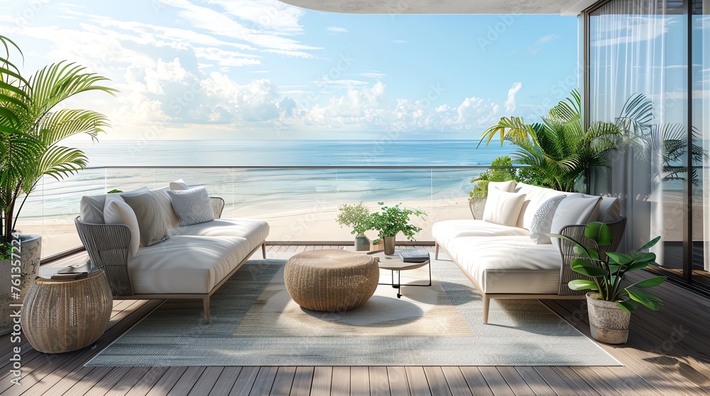 Outdoor dining area on the balcony of a villa overlooking views of the ocean and the beach