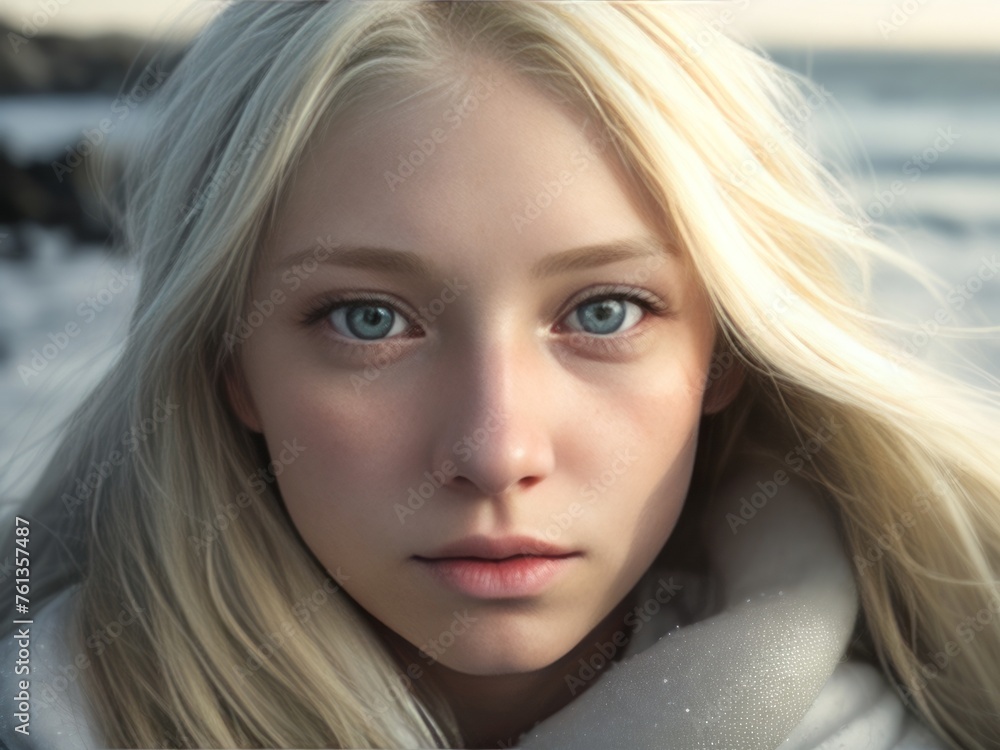 Portrait of a beautiful young woman with green eyes and blonde hair in winter clothing