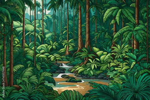 tropical jungle background, Immerse yourself in the lush beauty of a rainforest with an AI-generated illustration featuring a captivating rainforest background © SANA