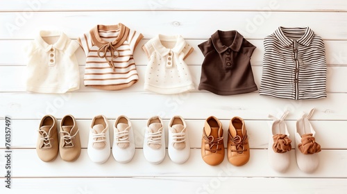 Coordinated baby t shirts and shoes background image. Harmonious cream brown color attire desktop wallpaper picture. Comfortable babywear photo. Babyhood concept composition top view