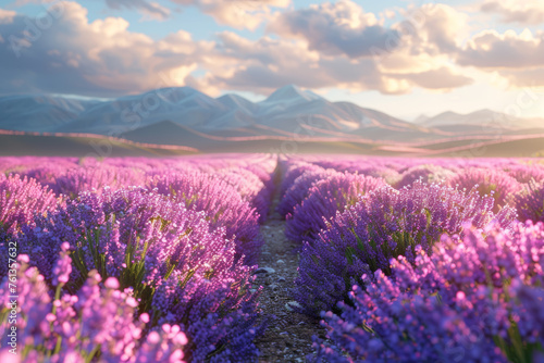 A field of blooming lavender stretching towards the horizon  exuding fragrant notes and inviting pollinators. Concept of aromatic lavender fields. Generative Ai.