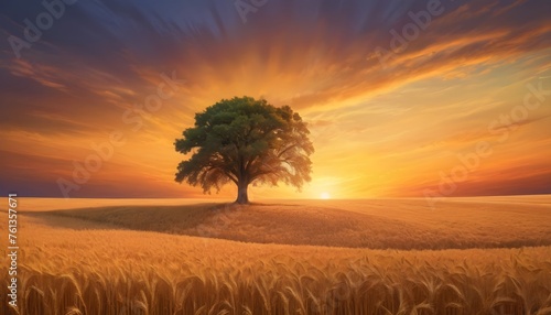 A lone tree standing tall amidst a field of golden wheat, with a colorful sunset painting the sky behind it.