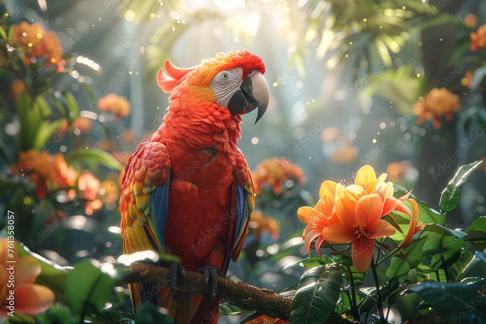 A tropical rainforest canopy alive with the vibrant colors of exotic birds and foliage, representing the biodiversity of lush jungles. Concept of diverse rainforest ecosystems. Generative Ai. - obrazy, fototapety, plakaty 