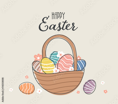 Happy Easter eggs in basket outline banner. Easter illustration on pastel background with colored decorative eggs. Doodle eggs with decorative elements in basket with flowers