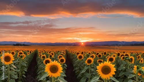 A vibrant field of sunflowers against a fiery orange sunset backdrop, with rolling hills in the distance.