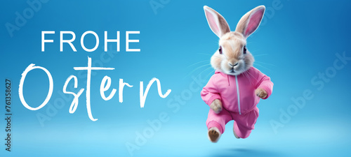 Frohe Ostern Konzept Feiertag Grußkarte mit deutschem Text - Cooler joggender Osterhase im pinken Jogginganzug, Osterhase, isoliert auf blauem Hintergrund © Corri Seizinger