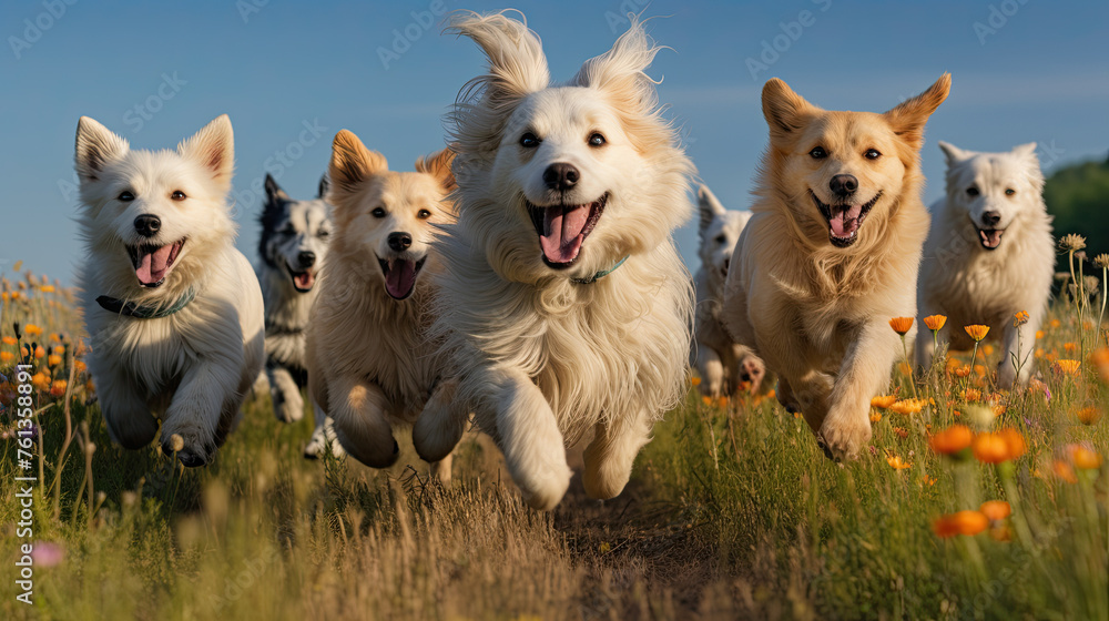 group of dogs  in the field created with Generative AI technology