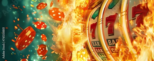 A vector banner graphic of 7's slots with an explosion of fire and betting chips, Las vegas, Gambling photo