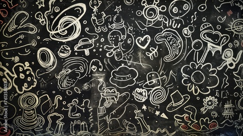 "Various chalk doodles and whimsical characters on a blackboard. Artistic expression concept with place for text. Background for creativity workshops and educational design. Flat lay composition"