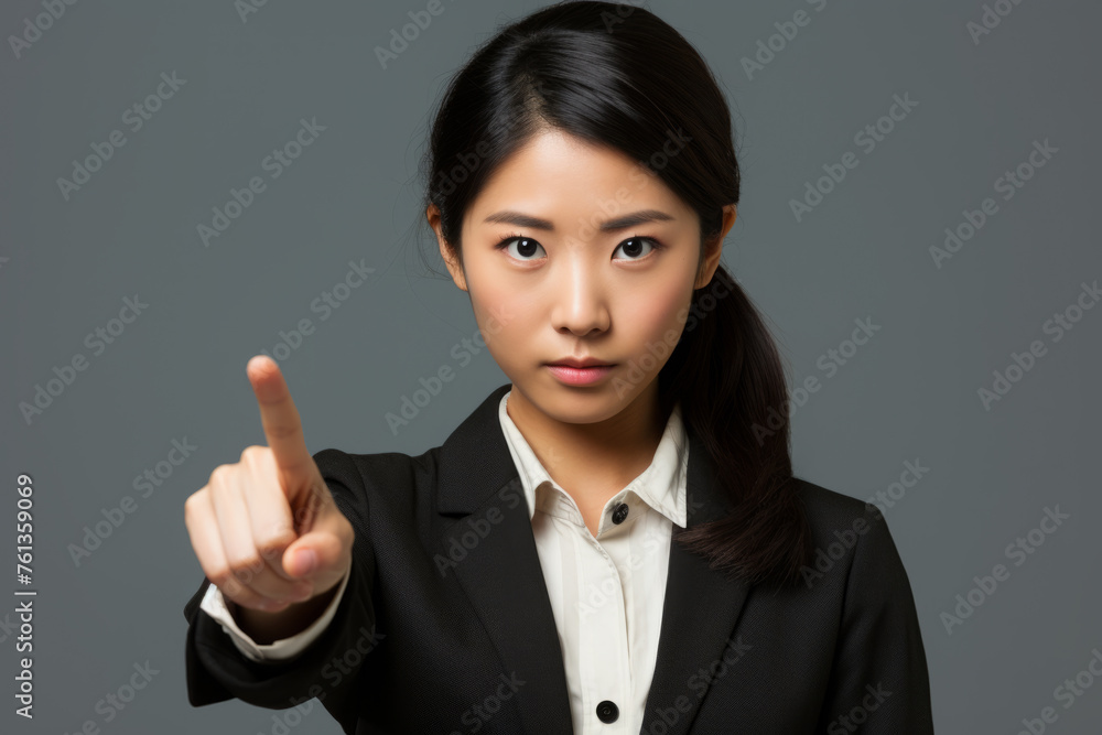 Woman in business suit is pointing her finger at camera Woman in business suit is pointing her finger at camera