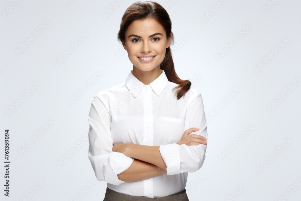Woman is smiling and wearing white shirt Woman is smiling and wearing white shirt