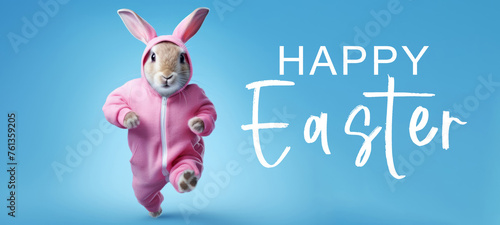 Funny easter concept holiday animal greeting card with text - Cool jumping running easter bunny with pink jogging suit, isolated on blue background © Corri Seizinger