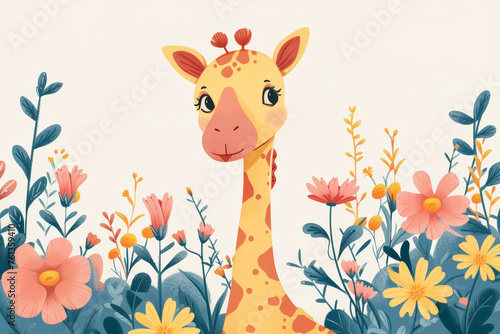 A friendly giraffe peeks out from a vibrant field of wildflowers. The illustration evokes a sense of joy and playfulness.
