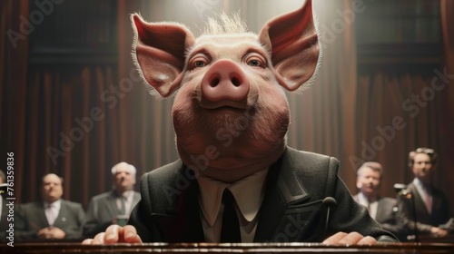 Pig dictator in a suit giving a speech. The concept of politics and dictatorship.