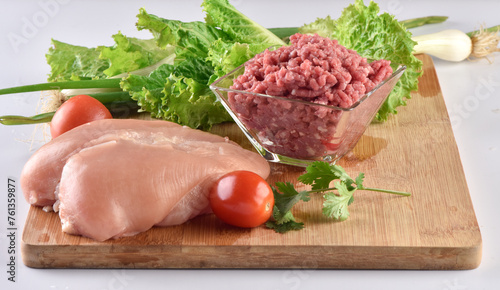 Raw chicken and beef mince, ready to cook fresh meat.