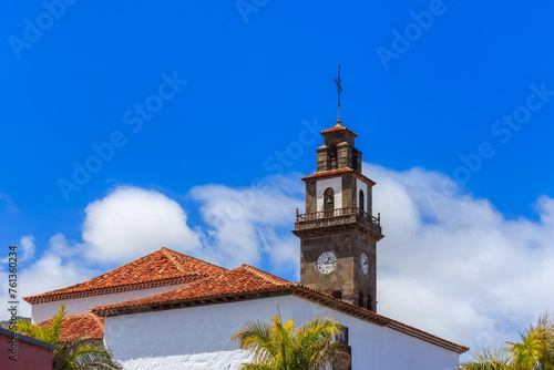 Church of Our Lady of Los Remedios roofs and  bell tower in Buenavista del Norte,Tenerife island, Spain photo