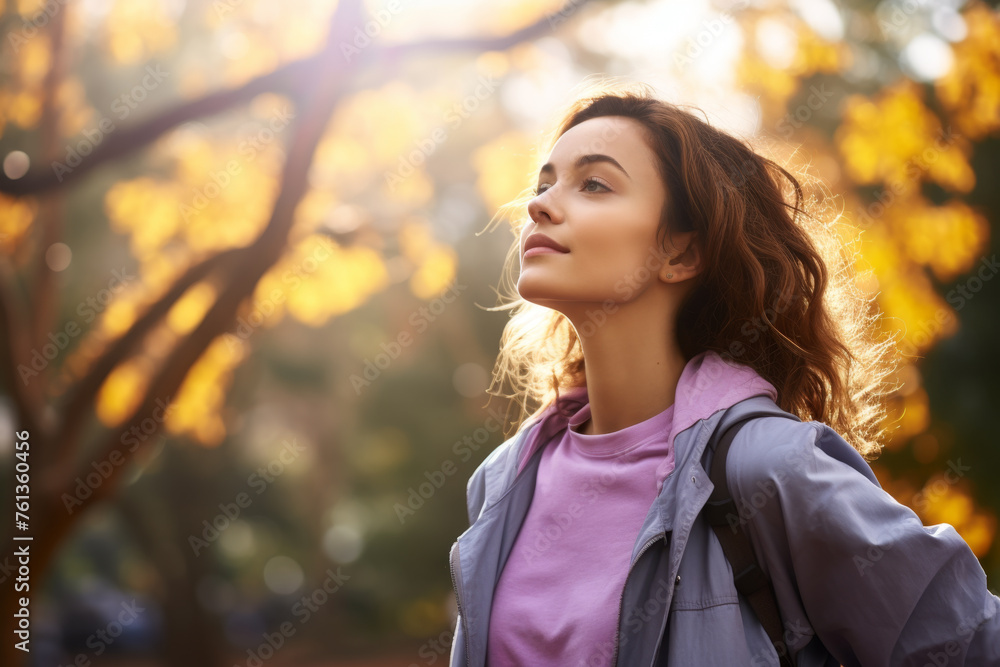Woman is standing in park, wearing purple jacket and pink hoodie Woman is standing in park, wearing purple jacket and pink hoodie