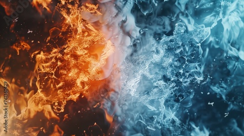 "Clash of fire and ice elements. Fiery particles and icy crystals abstract background. Hot and cold concept art. Design for allegorical poster, elemental theme wallpaper, or creative visual."
