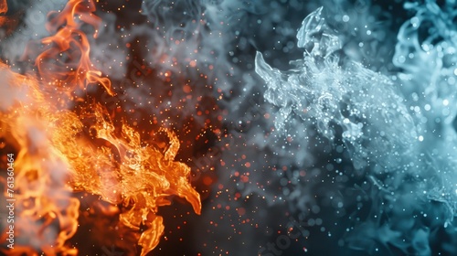 "Abstract fiery and icy encounter. Elemental dance between fire and frost. Dynamic interaction of red and blue hues. Design for theme background, creative wallpaper, or allegory illustration."