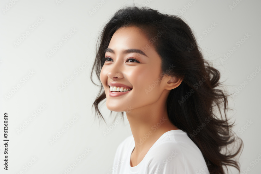 Woman with long hair is smiling and looking at camera Woman with long hair is smiling and looking at camera