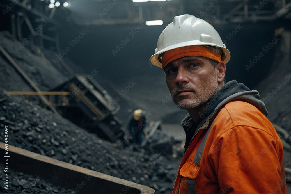 A tired miner in a coal mine looks at the light. Work in a coal mine. Portrait of a miner. Copy space. A tired miner in a coal mine looks at the light. Work in a coal mine. Portrait of a miner. Copy space.