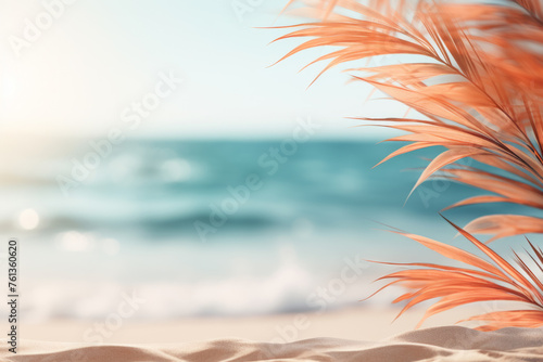 Beach scene with palm tree in foreground