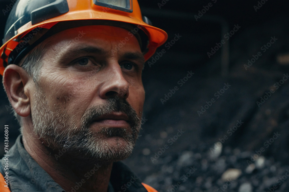 A tired miner in a coal mine looks at the light. Work in a coal mine. Portrait of a miner. Copy space. A tired miner in a coal mine looks at the light. Work in a coal mine. Portrait of a miner. Copy space.
