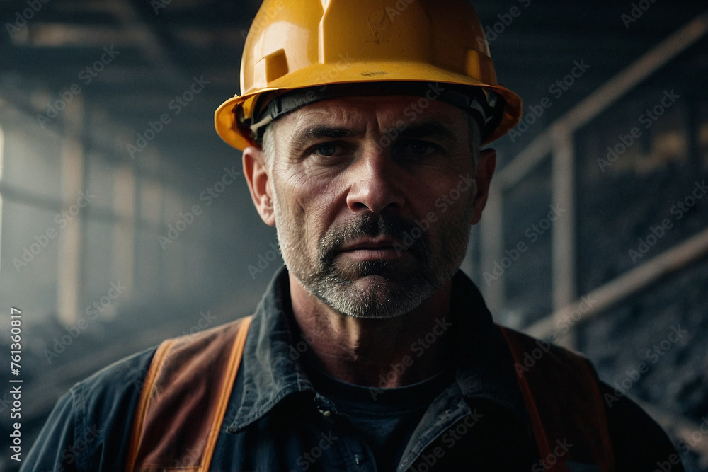 A tired miner in a coal mine looks at the light. Work in a coal mine. Portrait of a miner. Copy space. A tired miner in a coal mine looks at the light. Work in a coal mine. Portrait of a miner. Copy space.