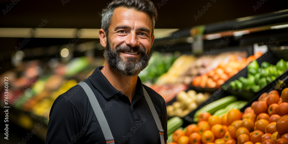 smiling middle-aged man working as a greengrocer in the fruit and vegetable section of a supermarket - fruit, vegetables and fresh produce concept smiling middle-aged man working as a greengrocer in the fruit and vegetable section of a supermarket - fruit, vegetables and fresh produce concept