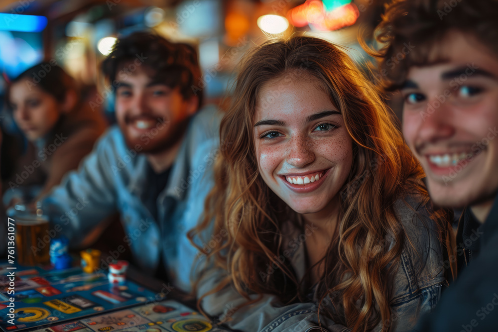 A group of friends engaged in a lively board game night, fostering social connections and camaraderie. Concept of social gaming and entertainment. Generative Ai.
