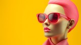 Stylish Mannequin Head With Pink Sunglasses Against Yellow Background