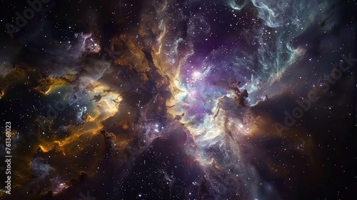 Vibrant cosmic clouds and star clusters in a nebula. Vivid space visualization. Cosmic wonder concept for design and print 