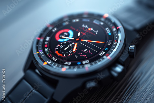 A sleek smartwatch monitoring various health metrics, exemplifying the integration of technology in personal wellness. Concept of digital health tracking. Generative Ai.