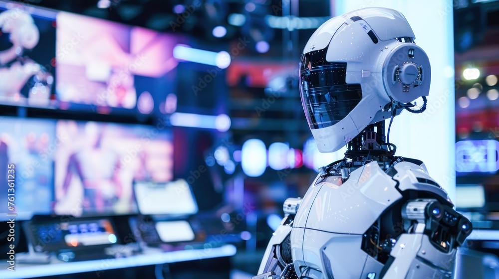 A high-tech robot with a humanoid head showcased in a room with neon lighting and futuristic screens A high-tech robot with a humanoid head showcased in a room with neon lighting and futuristic screens