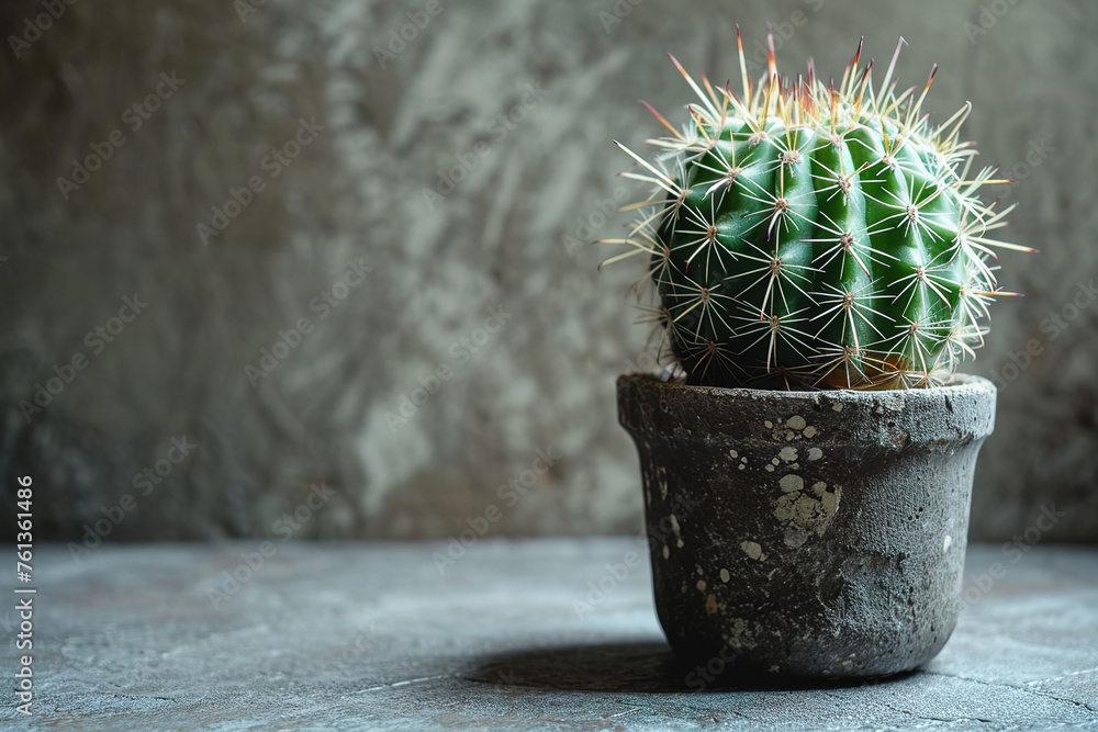 Side view of a cactus in a pot on a gray background, with empty copy space  - obrazy, fototapety, plakaty 