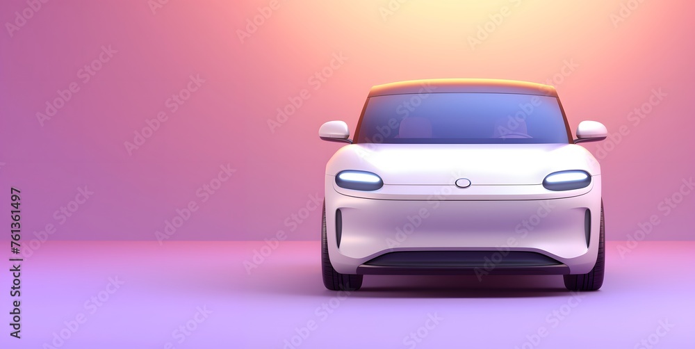 White Electric Car Cartoon on Pastel Gradient Background